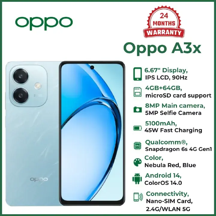 BRAND NEW OPPO A3x 6GB RAM+ 128GB ROM 6.67" 90Hz 8MP Dimensity 6300 Android 14 45W 5100mAh Type-C Charge Smart Phones Side Fingerprint and Facial Recognition Unlock SMARTPHONES