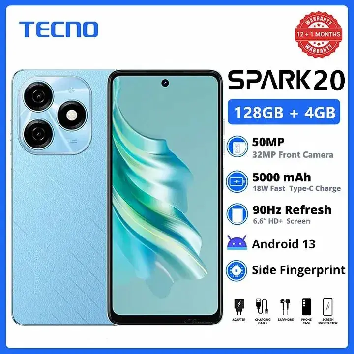 TECNO SPARK 20 256GB + 8GB RAM 50MP Android 13 90Hz 6.6" HD+ Display Dual SIM 5000mAh 18W Fast Charge Side Fingerprint Smart Phones