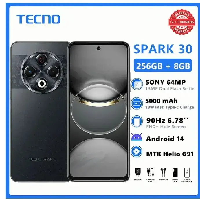 TECNO SPARK 30 256GB +8GB(+8GB Extended RAM) 6.78" SONY IMX682 64MP Camera MTK Helio G91 IP64 Waterproof 5000mAh Smart Phones 4G-Dual SIM Side Fingerprint phone