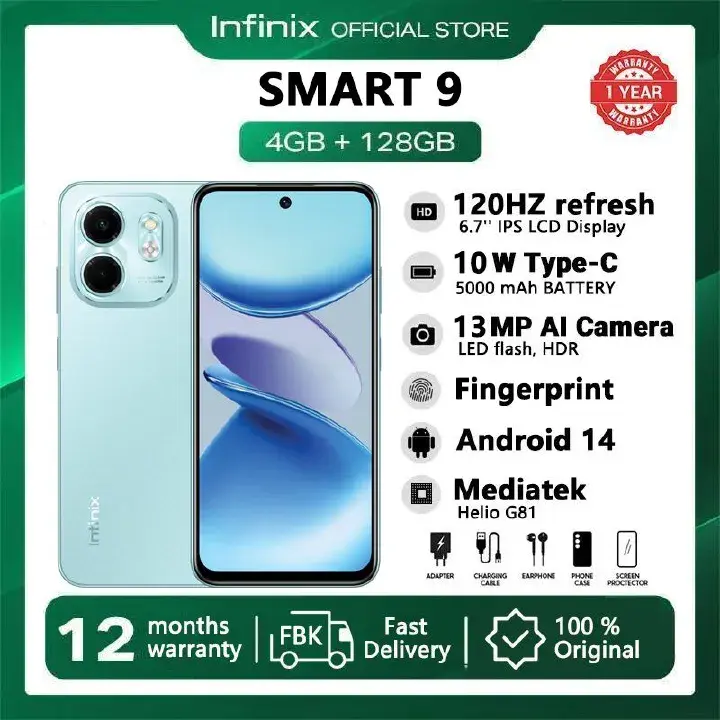 Infinix SMART 9 128GB + 8(4+4)GB 6.7" Display Dual SIM 4G Network 5000mAh Battery With Type-C Charging 13MP Dual Camera G81 Fingerprint Lock Android 14 Smart Phones
