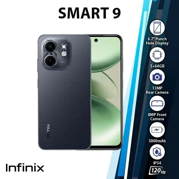 Infinix SMART 9 6(3+3)GB RAM + 64GB 6.7" 90Hz Brand New Phone Dual SIM 4G 5000mAh Battery With Type-C Charging 13MP Camera G81 Fingerprint Lock Android 14 Smart Phones