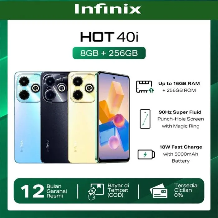 Infinix Hot 40i 256GB+16(8+8)GB 6.56" Screen Phone 5000 mAh Battery Capacity With 18W Type-C Charging 50MP Dual AI Camera Fingerprint Lock Smart Phones