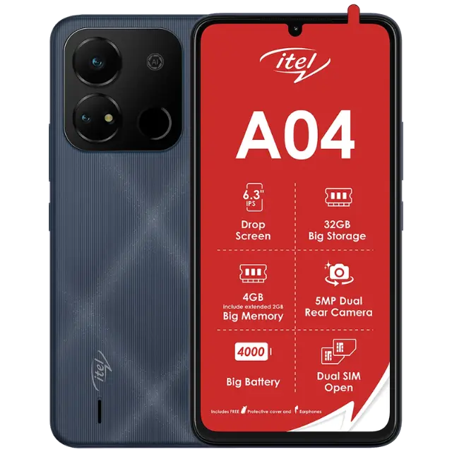 [New Arrival]Itel A04 6.3",(32GG ROM + 2GB RAM)4000mAh Battery,Dual Sim, Full HD Screen Fingerprint Sensor 3G Android Smartphones