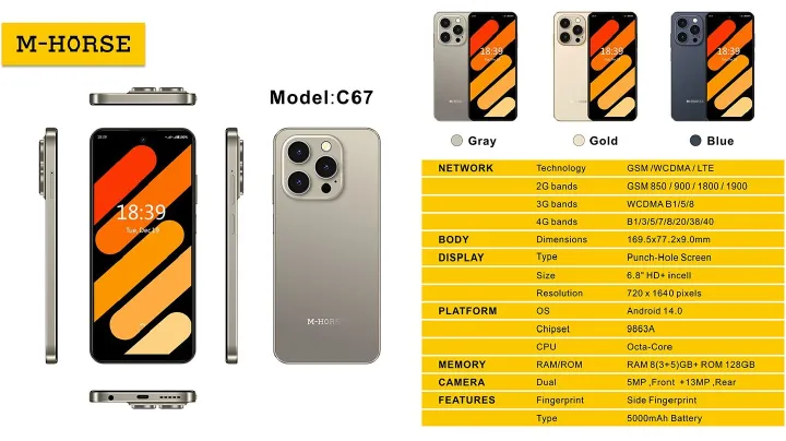 NEW ARRIVAL M-HORSE C67 4G Network 6.8" screen display ,128 GB ROM + 8GB RAM 60Hz refresh rate 5MP Front +13MP Rear Dual SIM Android 14 5000mAh side fingerprint UNLOCK Smart Phones