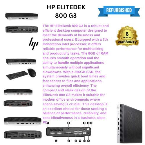 REFUBLISHED HP ELITEDESK 800 G3 COI5 7TH GENERATION 8GBRAM 256GBSDD
7th Gen Intel Core i5 processor, combined with 8GB RAM and a 256GB SSD, ensures smooth multitasking and quick boot times, suitable
