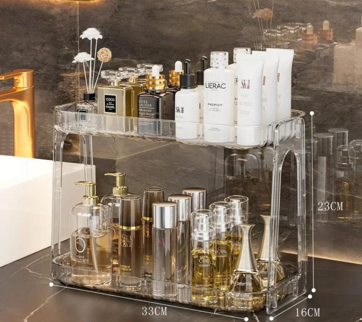 Multipurpose vanity stand, Desk Skincare Storage Rack, 2 Tier Plastic Makeup Organizer and Storage Shelf, Cosmetic Display Rack, Corner Organizer for Bedroom, Bathroom, Kitchen.