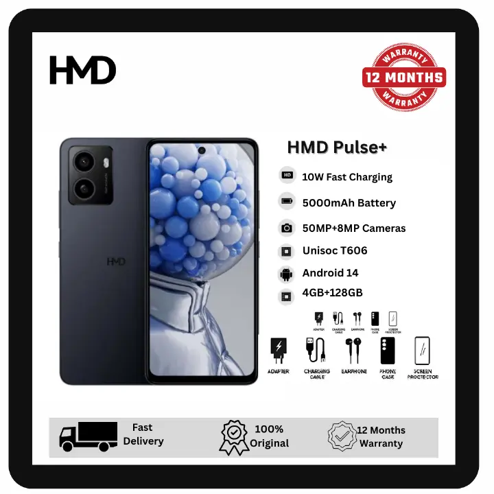 HMD Pulse+ 128GB+4GB 6.65" 90Hz Display 50MP+8MP Front/Rear Cameras 5000mAh Battery 10W Wired SuperFast Charge Android Nokia Smartphone Phone