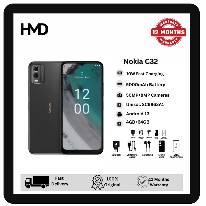 Nokia C32 64GB+4GB 6.5" Elagant Display 50MP+8MP Front/Rear Cameras 5000mAh Battery 10W Fast Charge Fingerprint Unlock Scratch Resistant Glass Android Nokia HMD Smartphone Phone