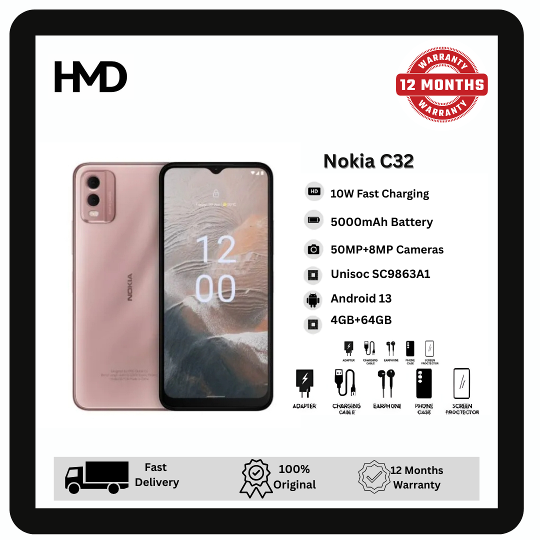 Nokia C32 64GB+4GB 6.5" Elagant Display 50MP+8MP Front/Rear Cameras 5000mAh Battery 10W Fast Charge Fingerprint Unlock Scratch Resistant Glass Android Nokia HMD Smartphone Phone