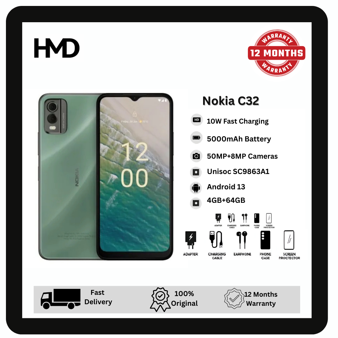 Nokia C32 64GB+4GB 6.5" Elagant Display 50MP+8MP Front/Rear Cameras 5000mAh Battery 10W Fast Charge Fingerprint Unlock Scratch Resistant Glass Android Nokia HMD Smartphone Phone
