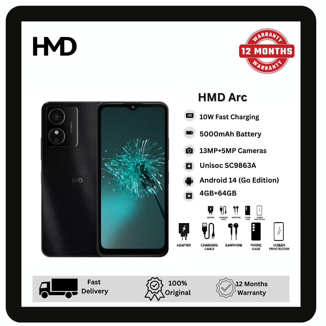 HMD Arc 64GB+4GB 6.52" Elagant Display 13MP+5MP Front/Rear Camera 5000mAh Battery 10W Charger IP54 Dust/Water Resistant Fingerprint Unlock HMD Nokia SmartPhone Phone
