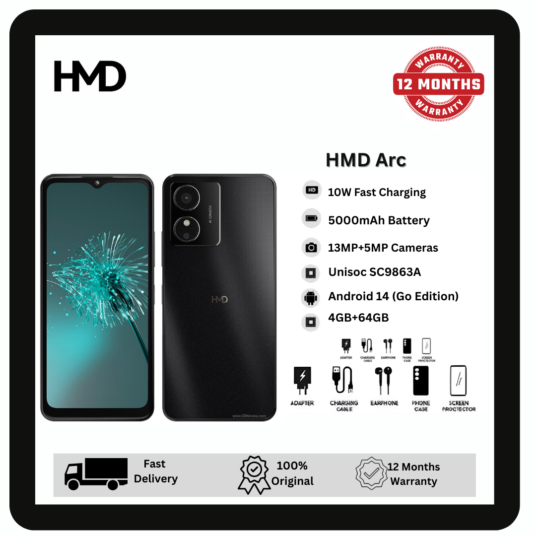 HMD Arc 64GB+4GB 6.52" Elagant Display 13MP+5MP Front/Rear Camera 5000mAh Battery 10W Charger IP54 Dust/Water Resistant Fingerprint Unlock HMD Nokia SmartPhone Phone