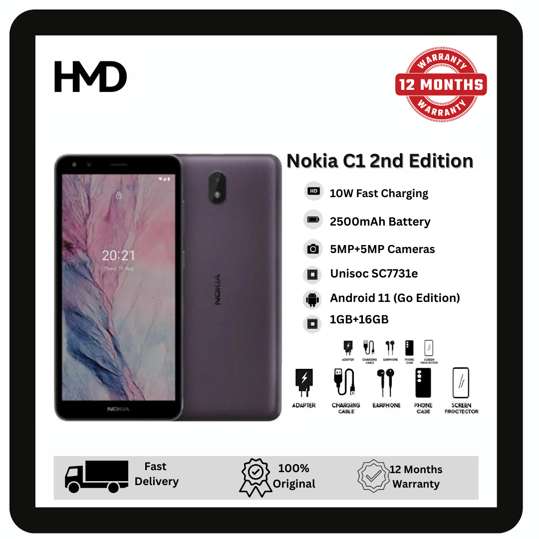 Nokia C1 2nd Edition 16GB+1GB 5.45" Sleek TFT LCD Display Android 11 Go Edition 5MP Camera LED Flash 2500mAh Battery MicroUSB 2.0 FM Radio Nokia C1 2E HMD Smartphone