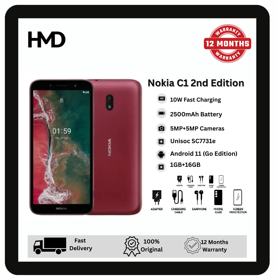 Nokia C1 2nd Edition 16GB+1GB 5.45" Sleek TFT LCD Display Android 11 Go Edition 5MP Camera LED Flash 2500mAh Battery MicroUSB 2.0 FM Radio Nokia C1 2E HMD Smartphone