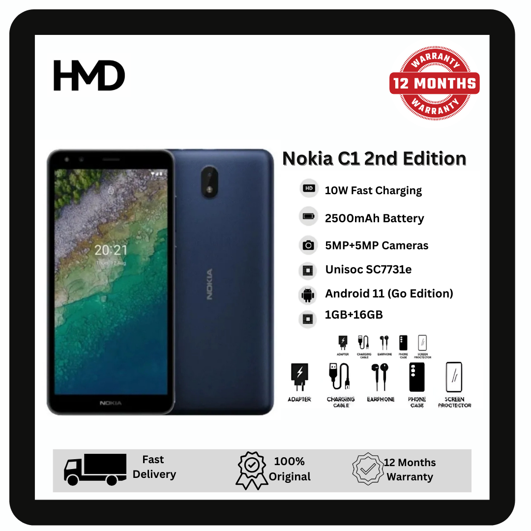 Nokia C1 2nd Edition 16GB+1GB 5.45" Sleek TFT LCD Display Android 11 Go Edition 5MP Camera LED Flash 2500mAh Battery MicroUSB 2.0 FM Radio Nokia C1 2E HMD Smartphone