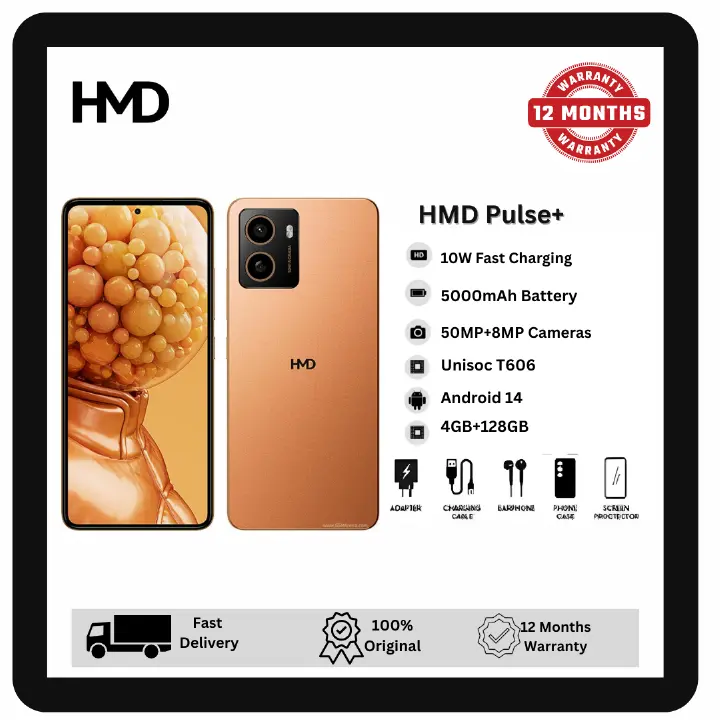 HMD Pulse+ 128GB+4GB 6.65" 90Hz Display 50MP+8MP Front/Rear Cameras 5000mAh Battery 10W Wired SuperFast Charge Android Nokia Smartphone Phone