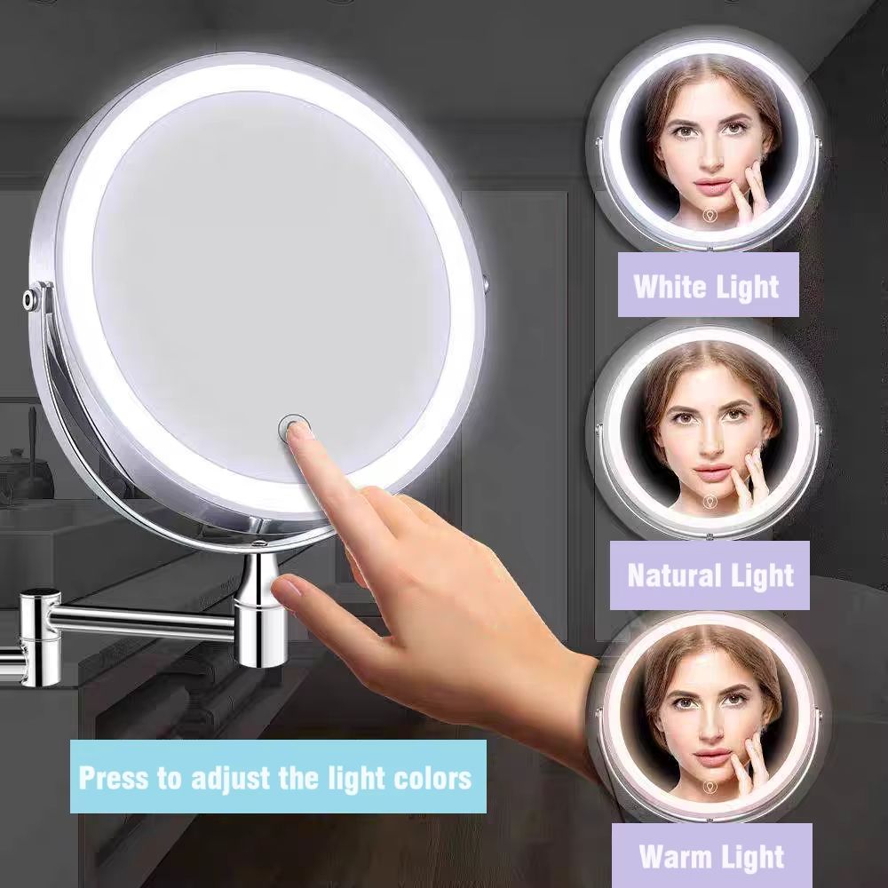 8" Rechargeable wall mounted LED makeup mirror 1X/10X magnification Double Sided Bathroom Makeup Mirror Cosmetic Mirror