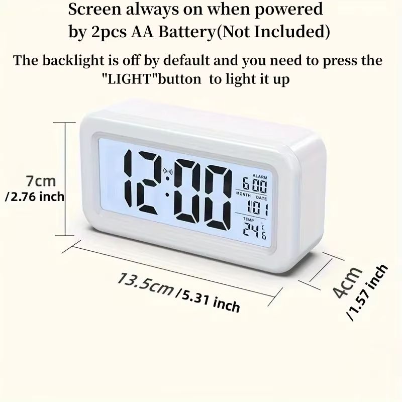 Battery Powered Digital Alarm Clock Temperature Date With Backlight Snooze Table Clock 12/24H Mute Bedside Electronic LCD Clock