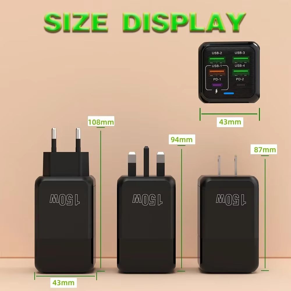 150W 6 Ports USB Charger PD Fast Charging Charger Wall Adapter EU/US/UK Plug Charger Quick Charge 3.0 Multi Ports Power Adapter