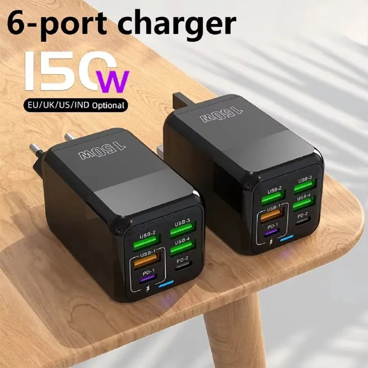 150W 6 Ports USB Charger PD Fast Charging Charger Wall Adapter EU/US/UK Plug Charger Quick Charge 3.0 Multi Ports Power Adapter