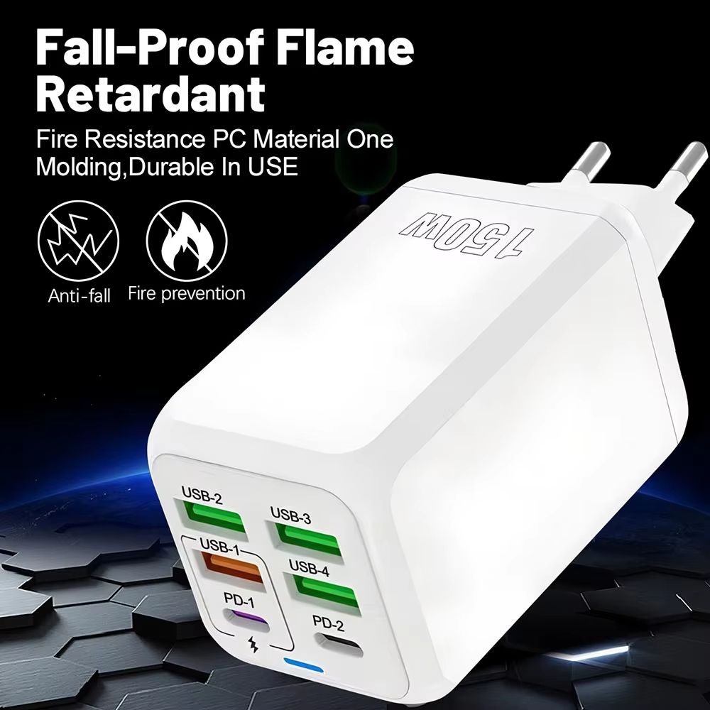 150W 6 Ports USB Charger PD Fast Charging Charger Wall Adapter EU/US/UK Plug Charger Quick Charge 3.0 Multi Ports Power Adapter