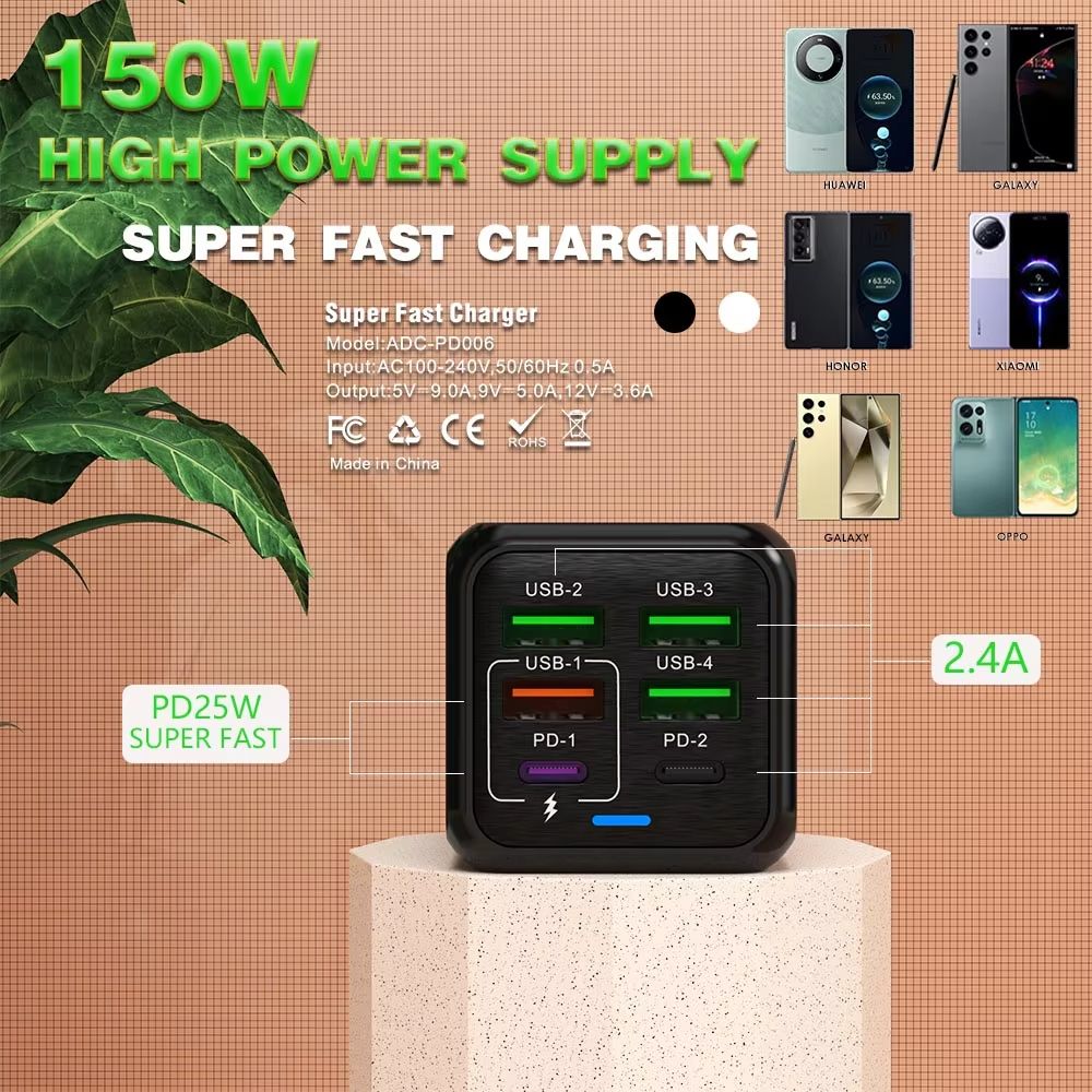150W 6 Ports USB Charger PD Fast Charging Charger Wall Adapter EU/US/UK Plug Charger Quick Charge 3.0 Multi Ports Power Adapter