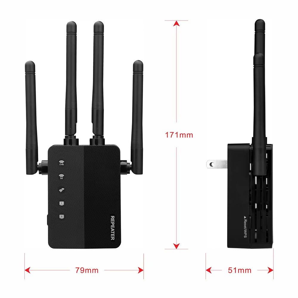 Black AC1200 WiFi Repeater 1200Mbps Router Black WiFi Extender Amplifier 2.4G/5GHz Wi-Fi Signal Booster Long Range Network