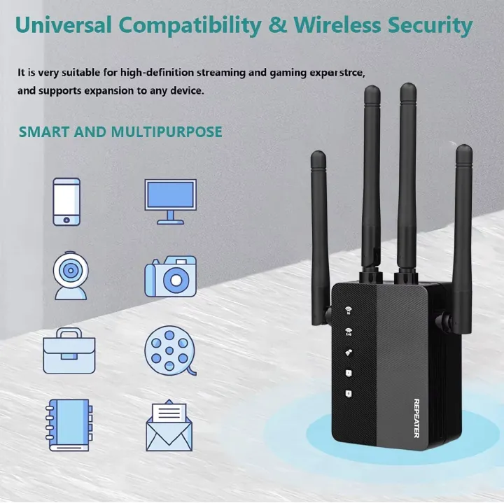 Black AC1200 WiFi Repeater 1200Mbps Router Black WiFi Extender Amplifier 2.4G/5GHz Wi-Fi Signal Booster Long Range Network