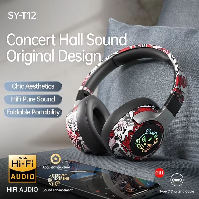 SY-T12 Bluetooth Gaming Headset Noise Reduction Over-Ear Portable Audio with 15-Hour Battery Life for Gamers