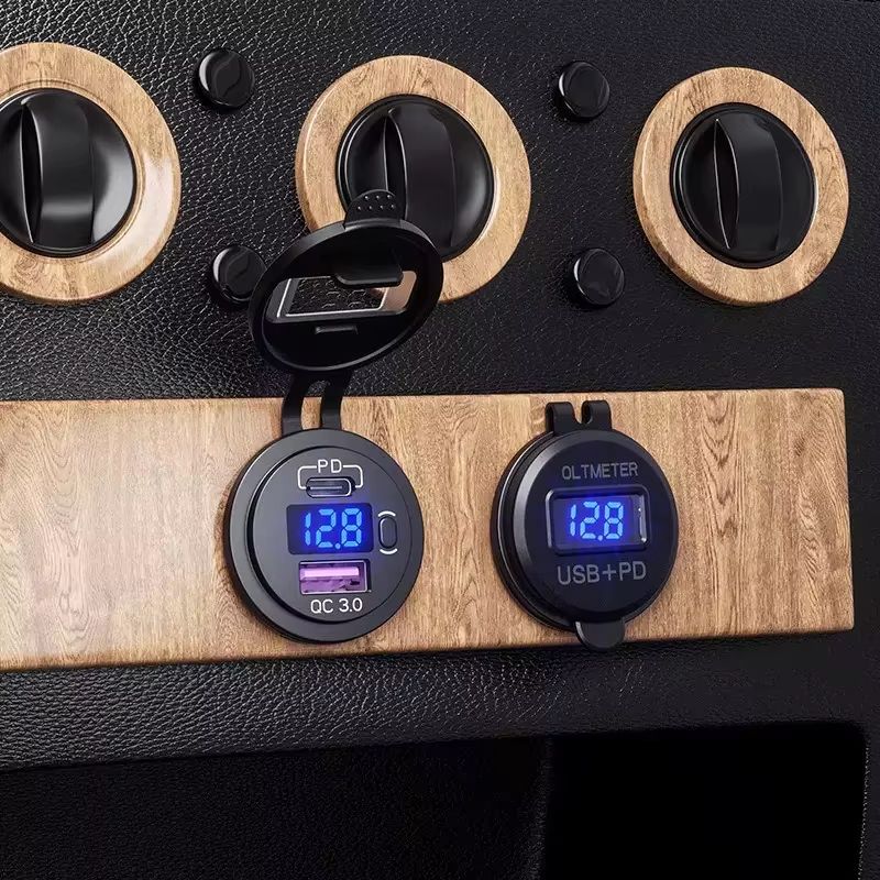 USB C Car Charger Socket 12V/24V Dual USB Socket PD3.0 and QC3.0 Car USB Port With LED Voltmeter and On/Off Switch