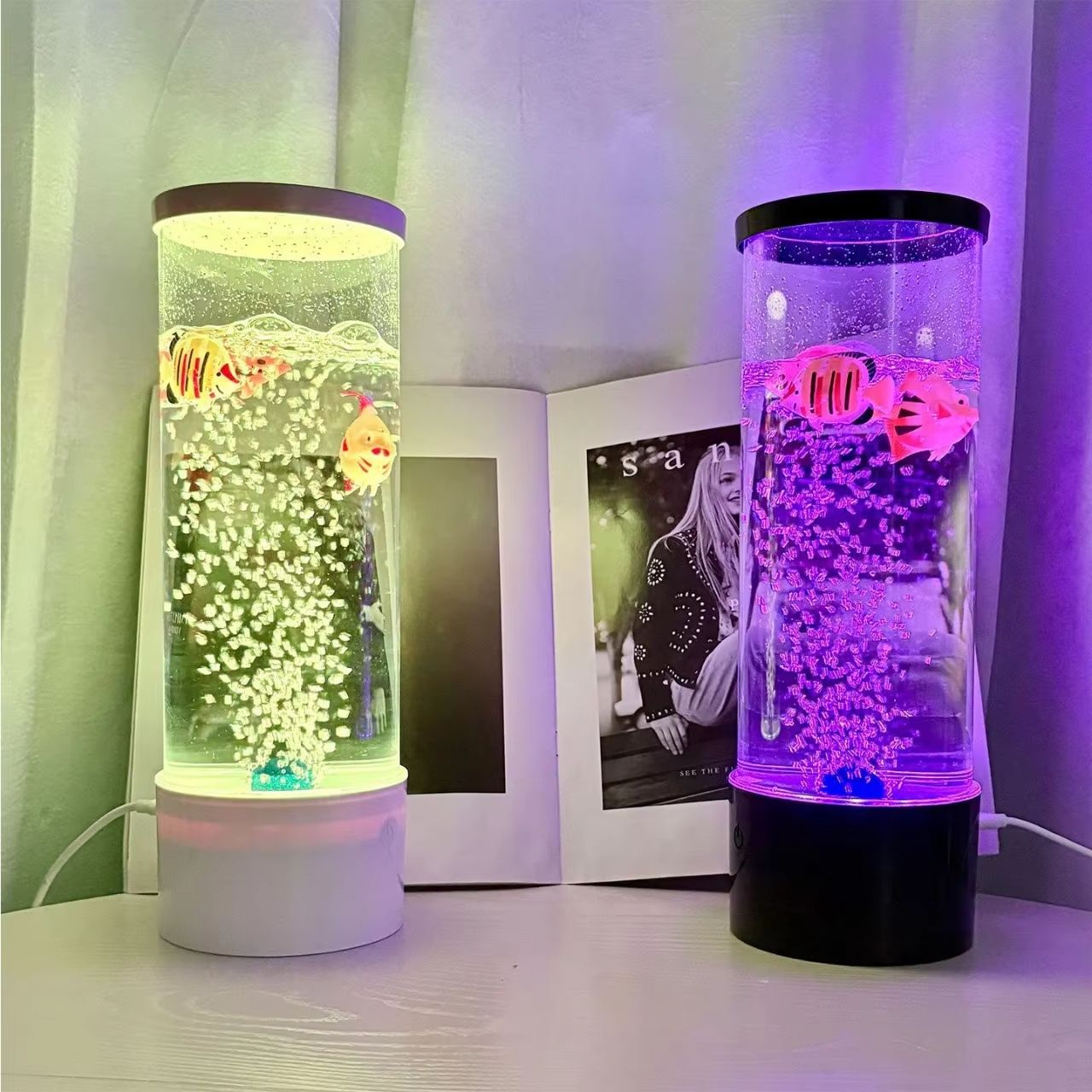 Colorful LED Bubble Fish Tank Night Light, 7-Color Changing Simulated Aquarium Atmosphere Lamp for Home Bedroom Desk Decoration