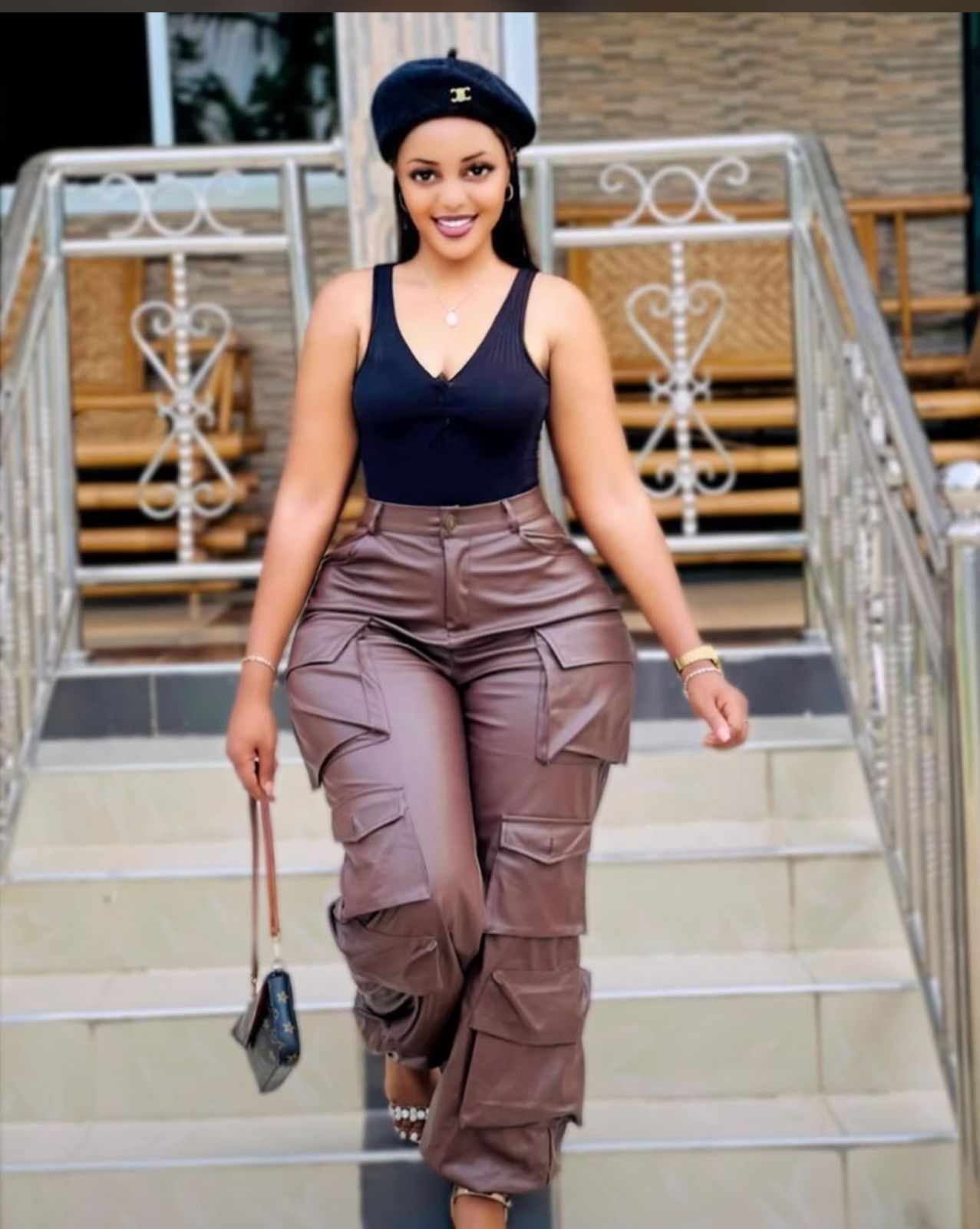 Fashion ladies leather cargo pants