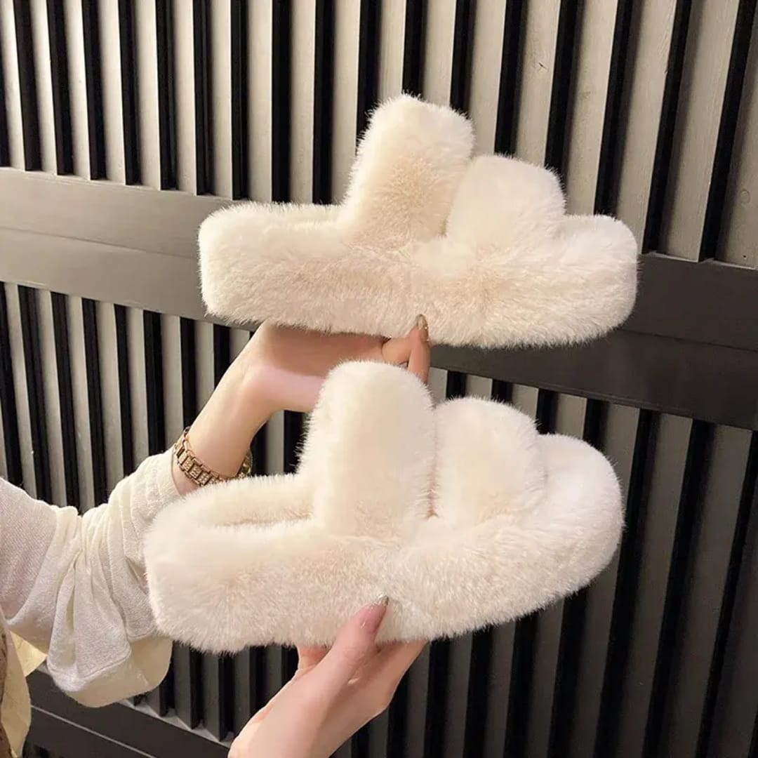 Premium Ladies Womens Fluffy Faux Fur Slippers Women Indoor Outdoor Fashion Metal Platform Slipper Open Toe Slides Sandals