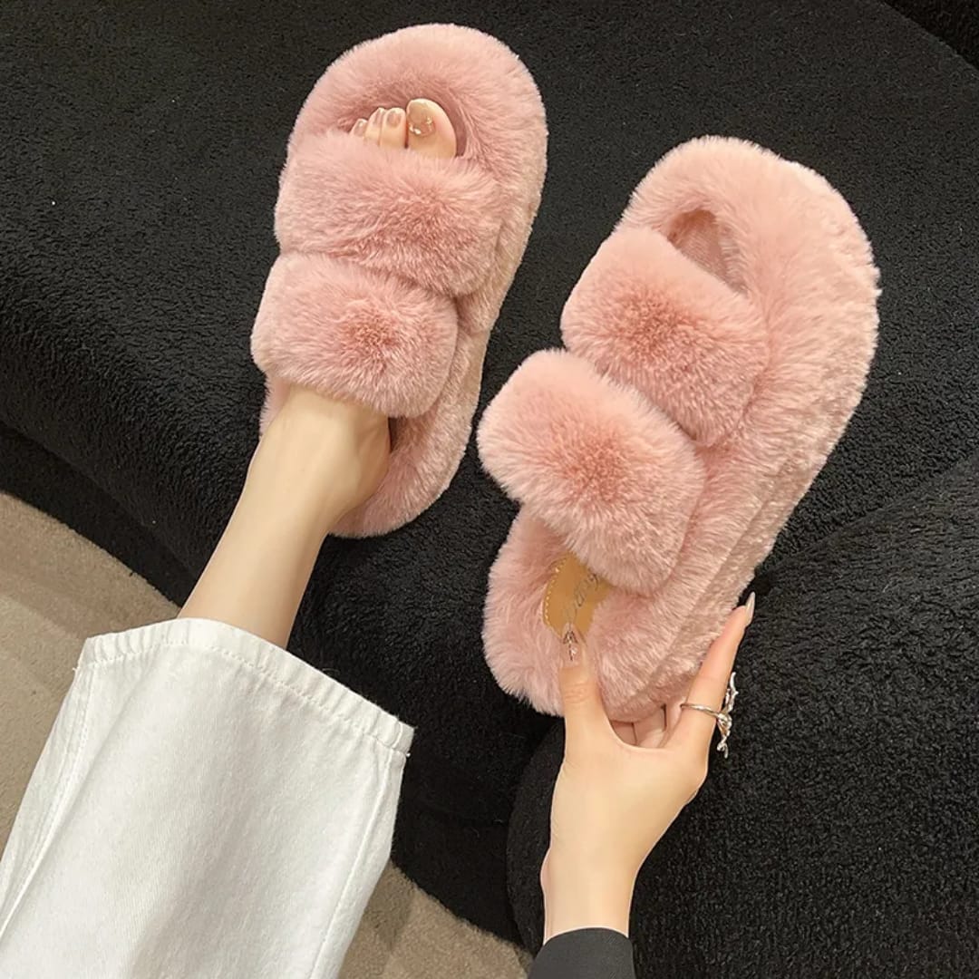 Premium Ladies Womens Fluffy Faux Fur Slippers Women Indoor Outdoor Fashion Metal Platform Slipper Open Toe Slides Sandals