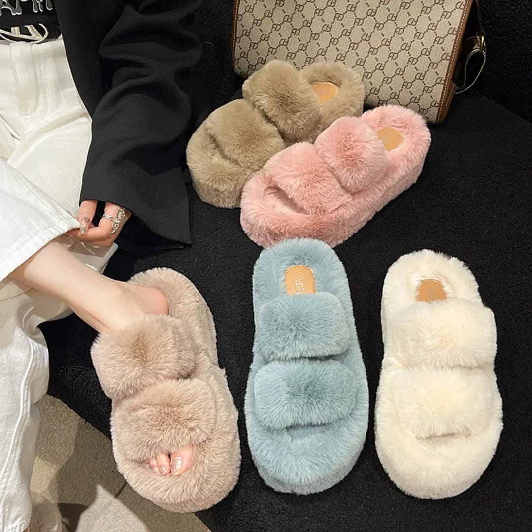 Premium Ladies Womens Fluffy Faux Fur Slippers Women Indoor Outdoor Fashion Metal Platform Slipper Open Toe Slides Sandals