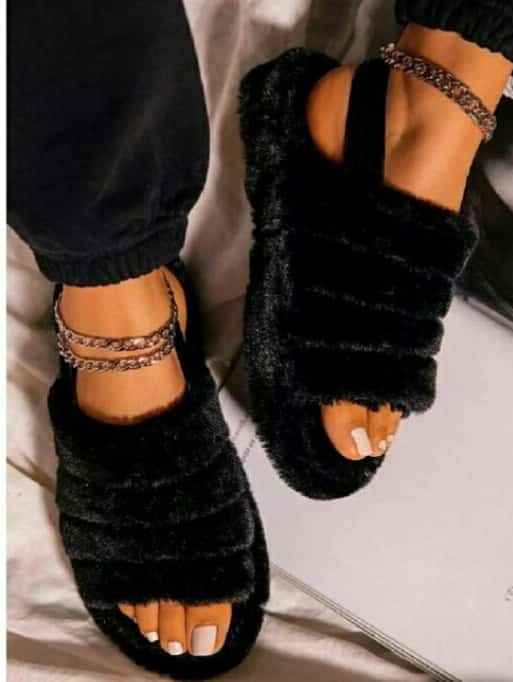 Chic Open-Toe Faux Fur Fluffy Flat Sandals with Elastic Strap – Trendy Sliders for Ultimate Comfort