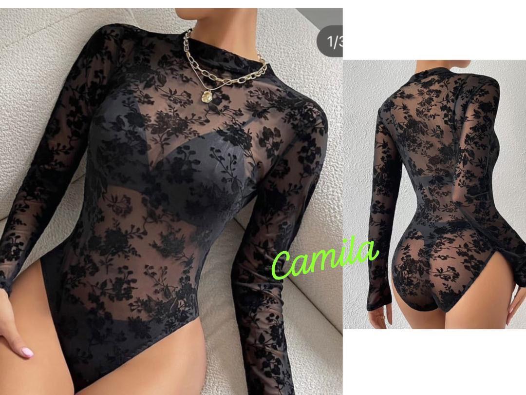 Bodysuit Mesh Patchwork Jamsuit 2025 Sexy Women's Long Sleeve Deep Round Neck Party Club Wear Bodysuit Solid Color