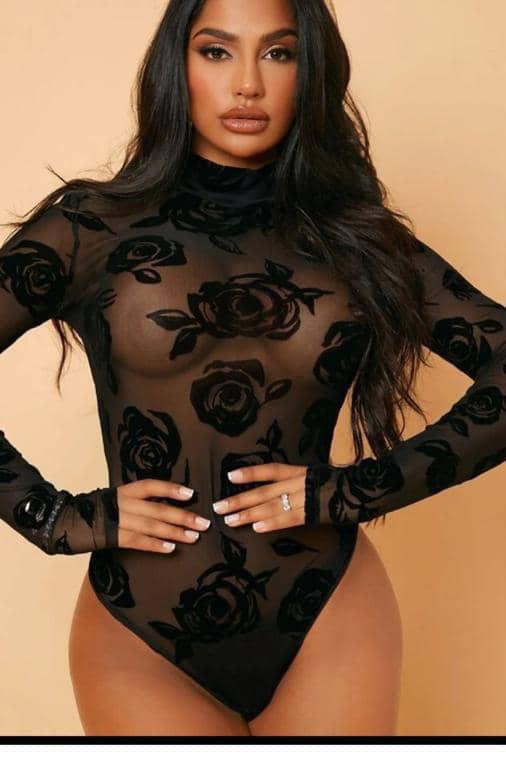 Bodysuit Mesh Patchwork Jamsuit 2025 Sexy Women's Long Sleeve Deep Round Neck Party Club Wear Bodysuit Solid Color