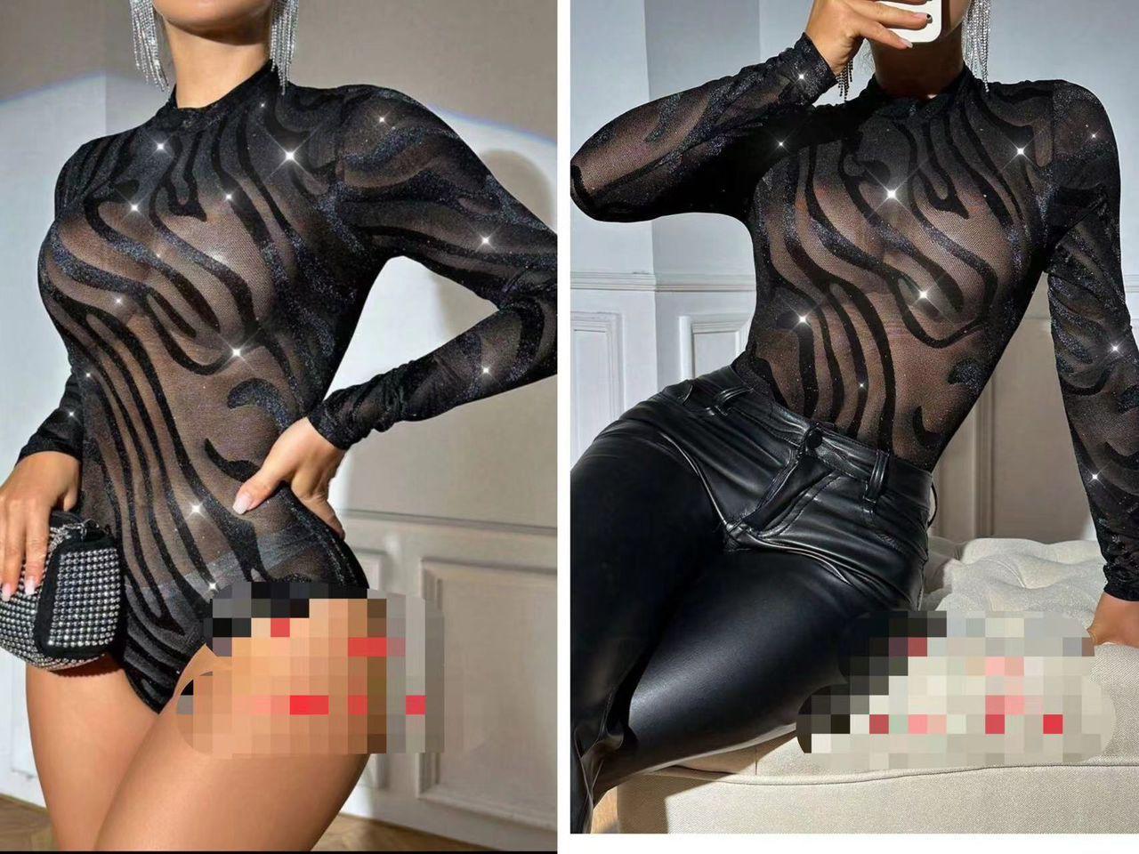 Bodysuit Mesh Patchwork Jamsuit 2025 Sexy Women's Long Sleeve Deep Round Neck Party Club Wear Bodysuit Solid Color
