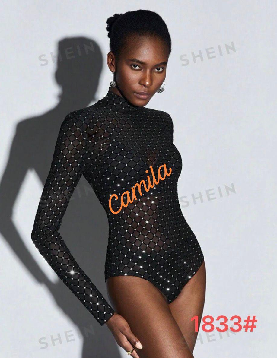 Bodysuit Mesh Patchwork Jamsuit 2025 Sexy Women's Long Sleeve Deep Round Neck Party Club Wear Bodysuit Solid Color