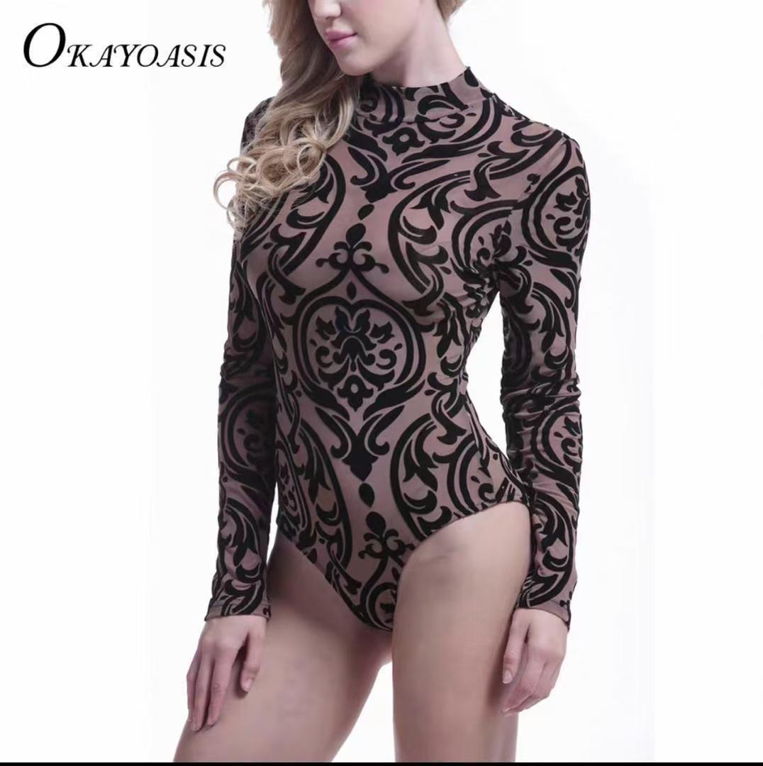 Bodysuit Mesh Patchwork Jamsuit 2025 Sexy Women's Long Sleeve Deep Round Neck Party Club Wear Bodysuit Solid Color