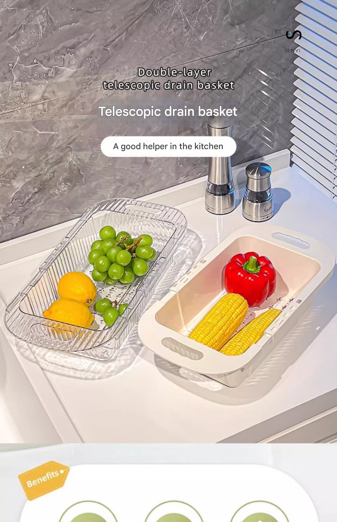 SENYI 3pcs Folding Vegetable Fruits Washing Drain Basket Colander Strainer Collapsible Drainer Kitchen Tool Cookware Sets Cooking Household Artifact Multifunctional Plastic Basin High-end Double-layer