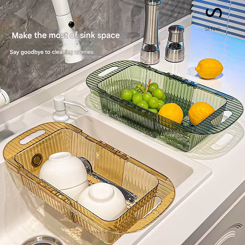 SENYI 3pcs Folding Vegetable Fruits Washing Drain Basket Colander Strainer Collapsible Drainer Kitchen Tool Cookware Sets Cooking Household Artifact Multifunctional Plastic Basin High-end Double-layer
