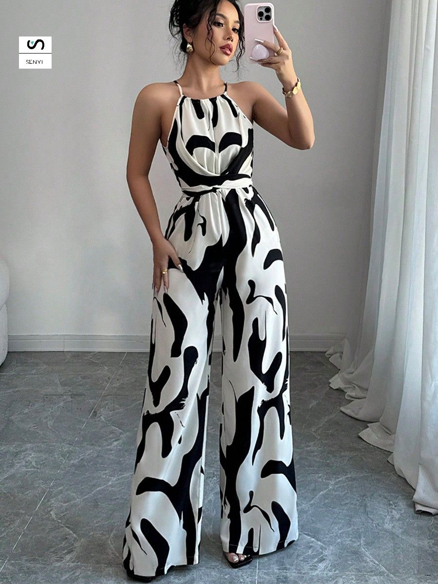 SENYI INS zebra pattern suspender jumpsuit 2025 spring and summer relaxed style lace-up wide-leg trousers women's clothing
