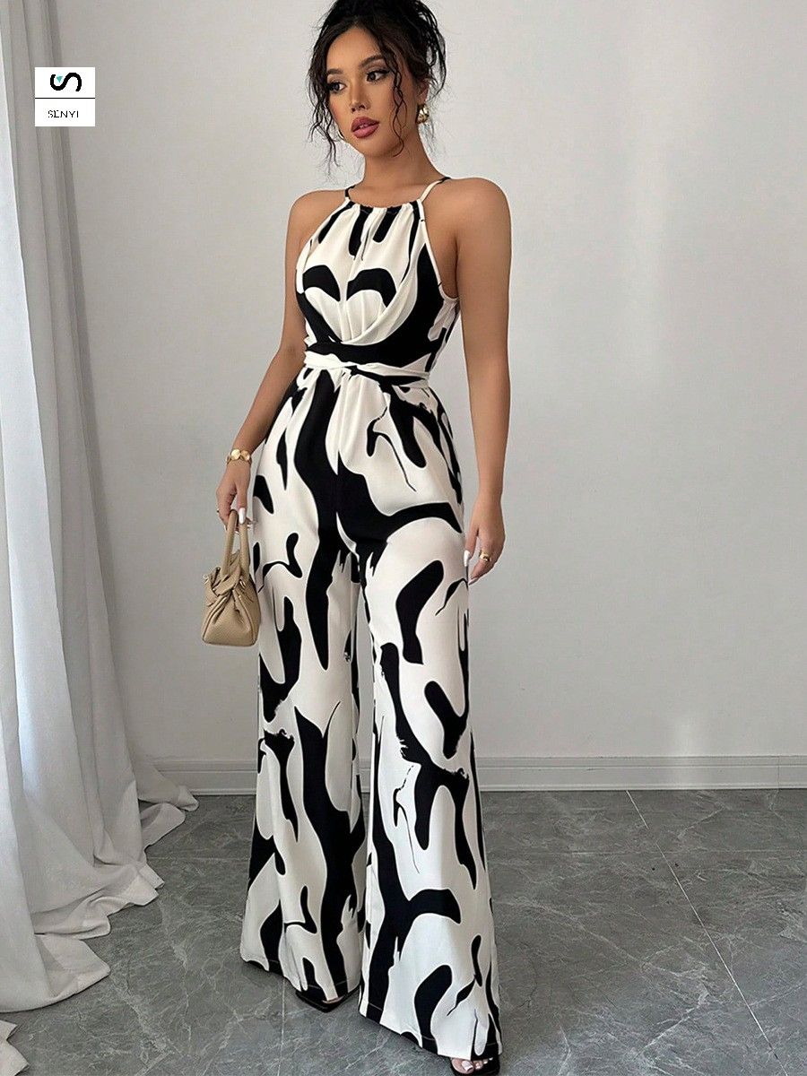 SENYI INS zebra pattern suspender jumpsuit 2025 spring and summer relaxed style lace-up wide-leg trousers women's clothing