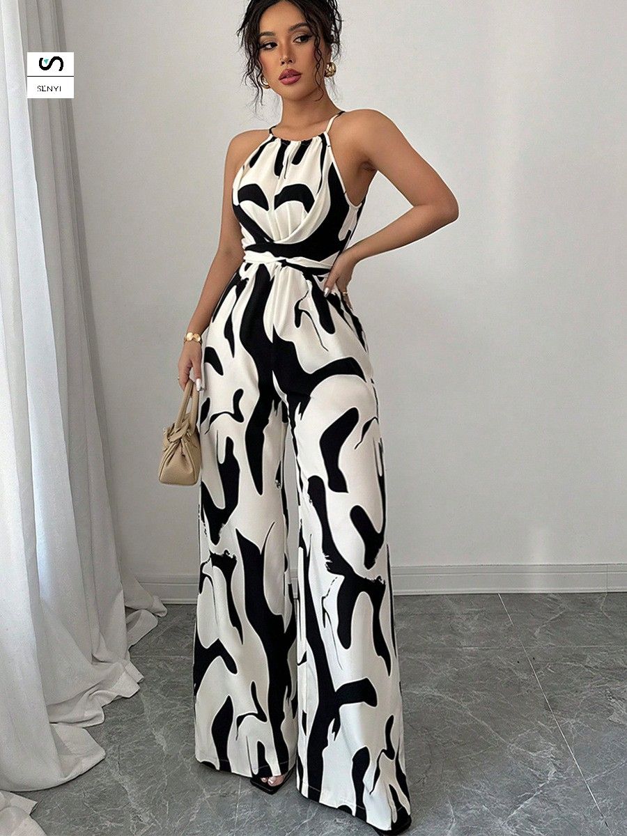 SENYI INS zebra pattern suspender jumpsuit 2025 spring and summer relaxed style lace-up wide-leg trousers women's clothing