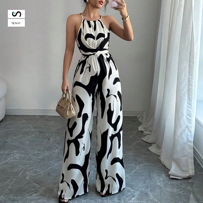 SENYI INS zebra pattern suspender jumpsuit 2025 spring and summer relaxed style lace-up wide-leg trousers women's clothing