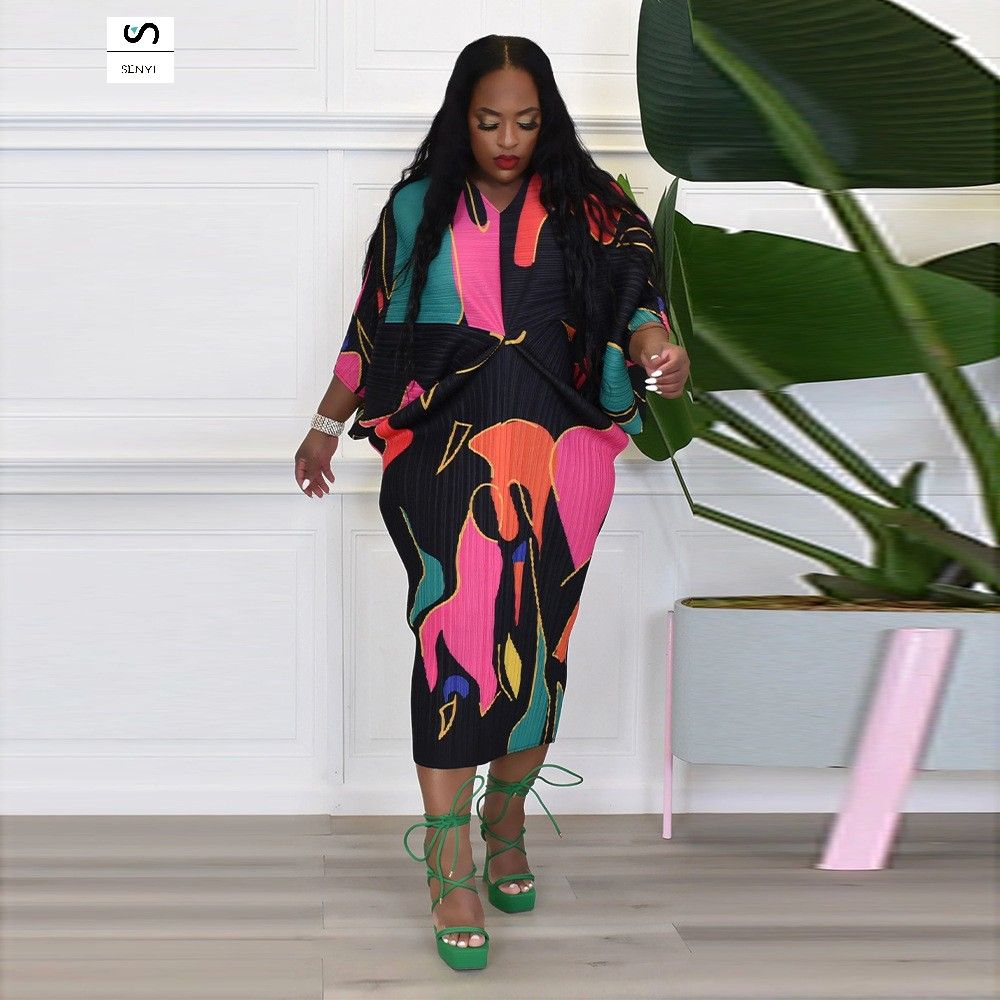 SENYI Collar bat sleeves printed dress fashionable loose high temperature cloth aunt women's clothing