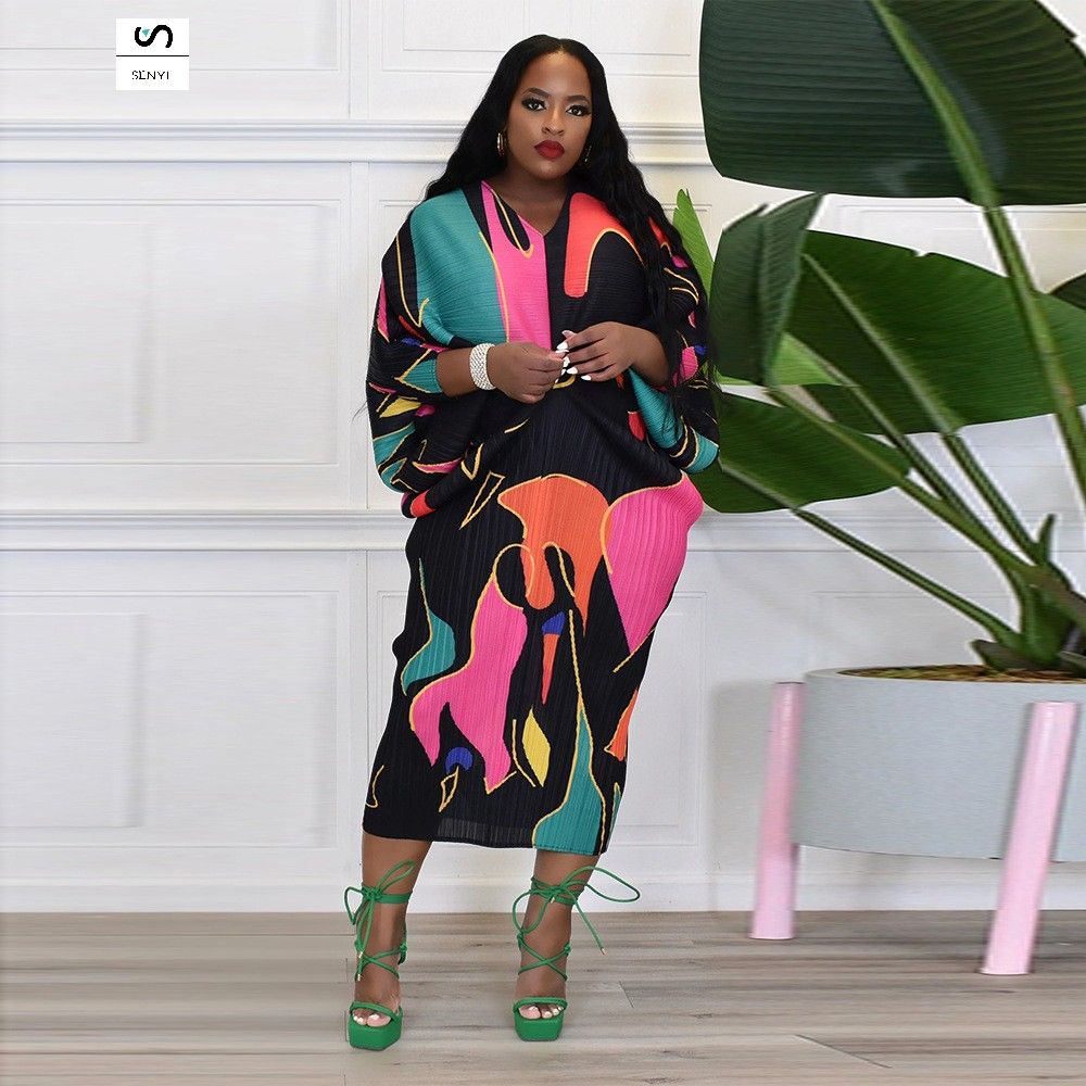 SENYI Collar bat sleeves printed dress fashionable loose high temperature cloth aunt women's clothing