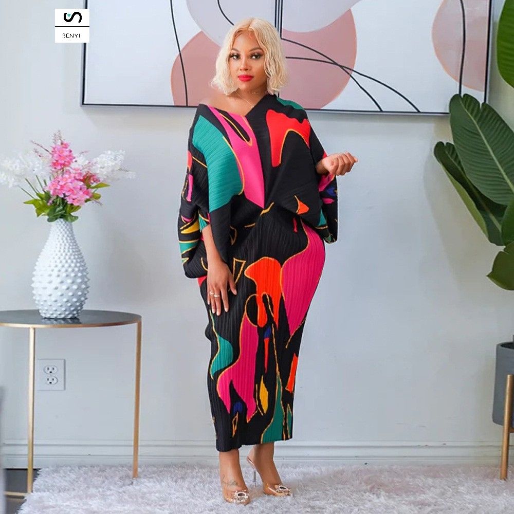 SENYI Collar bat sleeves printed dress fashionable loose high temperature cloth aunt women's clothing